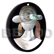 50mmx38mm oval pendant /elegant hat lady delicately etched in  shells - brownlip, blacklip and paua combination in jet black laminated resin / 5mm thickness - Shell Pendants