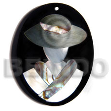 50mmx38mm oval pendant /elegant hat lady delicately etched in  shells - brownlip, blacklip and paua combination in jet black laminated resin / 5mm thickness - Shell Pendants