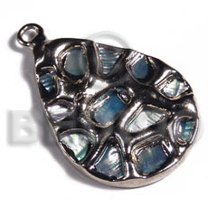 teardrop 30mmx25mm blue glistening abalone  / molten silver metal series /  attached jump ring / electroplated /19-022 - Shell Pendants