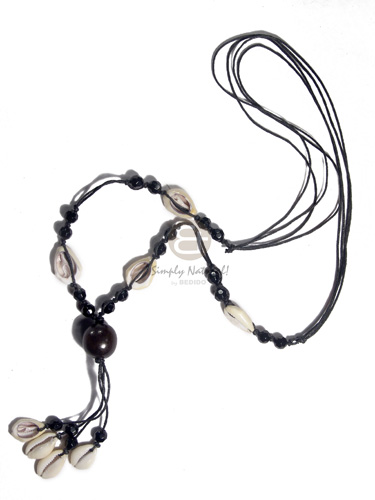 4 rows black wax cord  tassled sigay flowers and round 20mm wood beads combination / 28in plus 2in tassles - Sigay Necklace