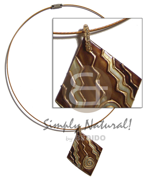 coated coppertone cable wire neckline  handpainted and colored diamond 48mmx40mm kabibe shell pendant embellished  elevated /embossed metallic paint accent lines / brown and gold tones - Silver Hoops Necklace