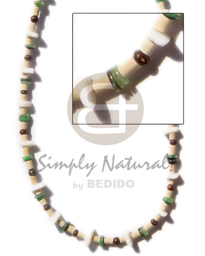sq cut white shell  coco bleach/brwn/green shell combination - Surfer Necklace
