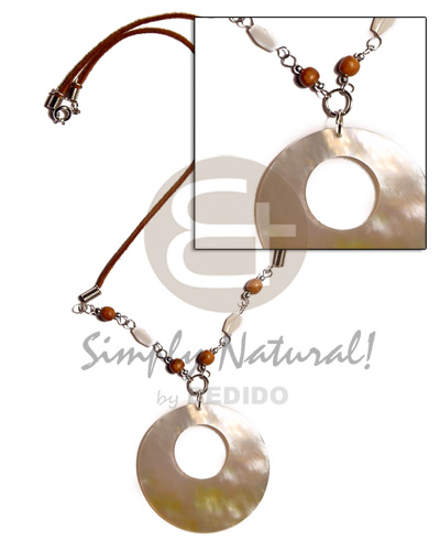 50mm round MOP in wax cord  looped troca & wood beads accent - Surfer Necklace
