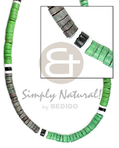 lime green, subdued green, gray, black 4-5mm coco heishe  white shell - Surfer Necklace