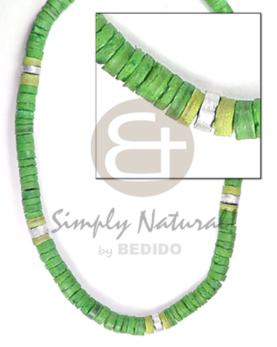 7-8mm coco heishe in green tones  silver accent - Surfer Necklace