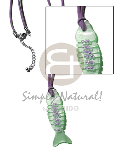 mint green fishbone hammershell  glass beads in lavender leather thong - Surfer Necklace