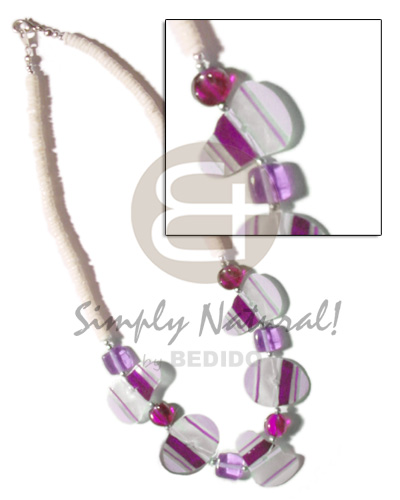 painted violet striped capiz & crystals accent in 4-5mm white clam heishe - Surfer Necklace