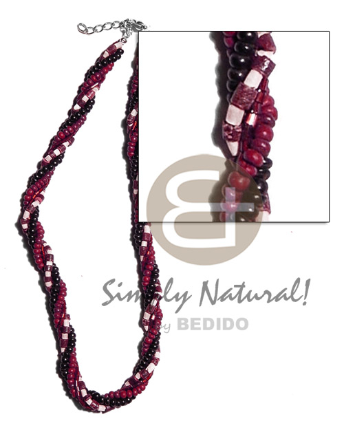 twisted 4 rows-2-3mm coco heishe wine red/bleach white/2-3mm coco Pokalet. wine red/black & glass beads - Surfer Necklace