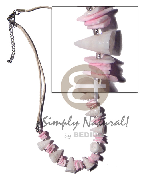 2 rows wax cord  vertagus shell and white rose in pink combination - Surfer Necklace