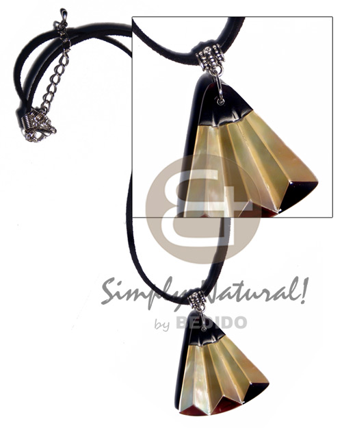 40mmx42mm laminated MOP/blacktab accordion fan pendant  resin backing in leather thong - Surfer Necklace