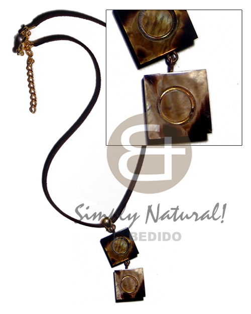 leather thong  dangling double 15mmx15mm square laminated brownlip  inlaid metal rings and resin backing pendant - Surfer Necklace