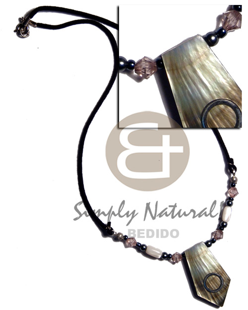35mmx20mm blacklip shell  inlaid metal and resin backing in wax cord and troca shell accenti - Surfer Necklace