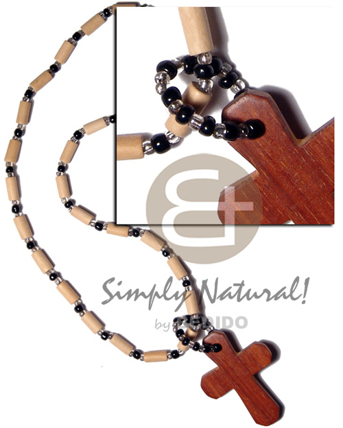 nat. white wood tube  glass beads and nat. wood cross 50mmx35mm - Surfer Necklace