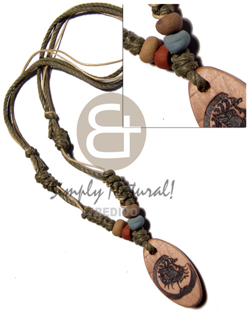 4 layers wax cord in beige/olive green tones combination   35mmx20mm oval wood  burning pendant / adjustable - Surfer Necklace
