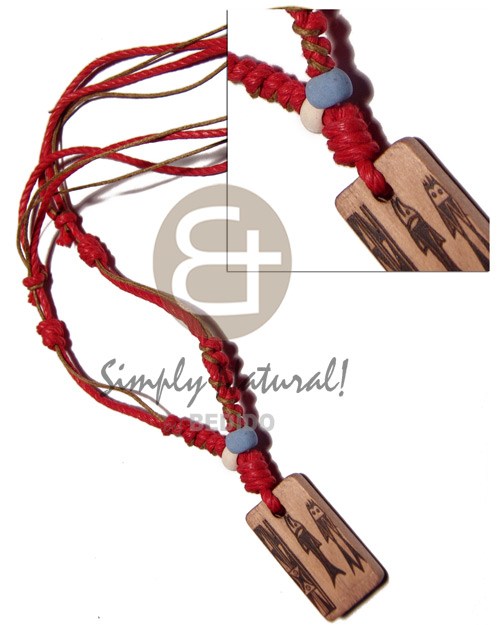 4 layers wax cord in red/ brown  tones combination   35mmx20mm rectangular wood  burning pendant / adjustable - Surfer Necklace