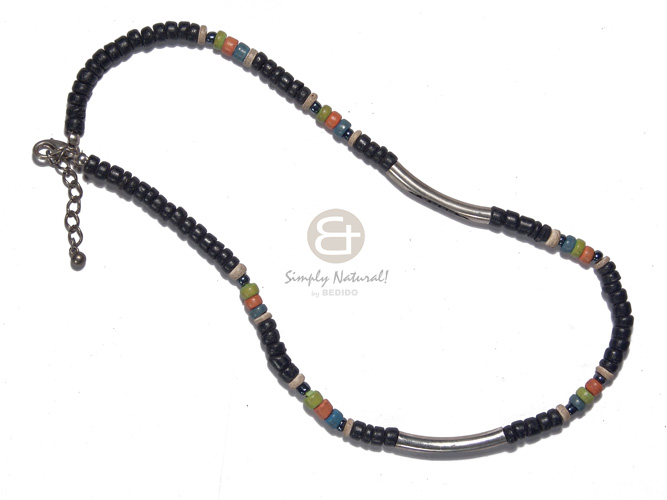 4-5mm coco black Pokalet  bleach/blue/line green/orange combination,   metal accents - Surfer Necklace