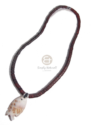 graduated coco heishe in dark marron tone  cowrie tiger shell/50mmx25mm fish design pendant /16in - Surfer Necklace