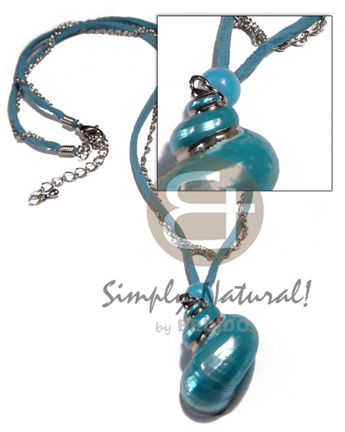 aqua blue leather thong  metal chain accent and turquoise turbo shell pendant(approx.  35mm - varying natural sizes ) molten silver metal series /  attached jump rings / electroplated / st-12 / 16in - Surfer Necklace