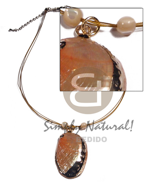 3 rows golden cable wire  glistening orange abalone pendant(approx.  45mm - varying natural sizes ) molten gold metal series /  attached jump rings / electroplated / a-7 / 16in - Surfer Necklace