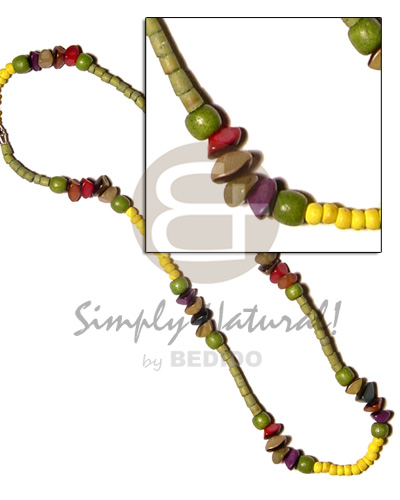 yellow green 2-3 coco pokalet and heishe  multicolored buri nuggets - Surfer Necklace