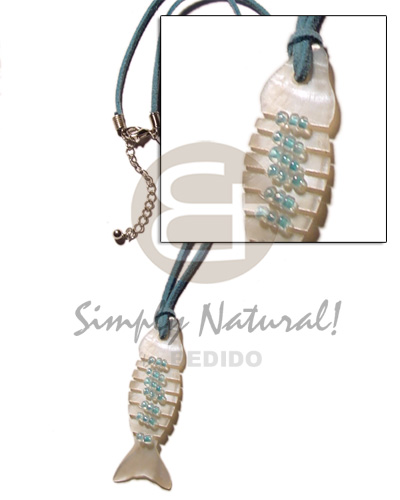 aqua blue leather thong 40mm fishbone hammershell   aqua blue glass beads 45mm - Surfer Necklace