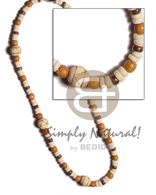 4-5mm coco Pokalet. bleach/brown  bayong wood bead and nat. wood beads  wood burning - Surfer Necklace