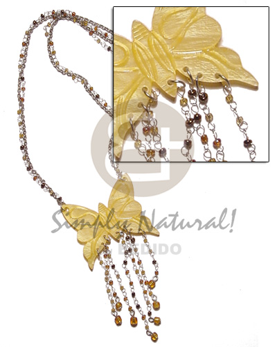 tassled yellow 50mm butterfly hammershell pendant in metal chain & metal looping  glass beads accent - Tassled Necklace