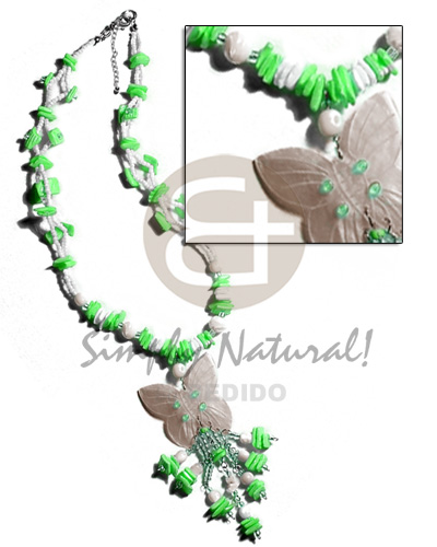 white rose/neon green white rose combination  glass beads & 40mm butterfly nat. hammershell  dangling tassled shells - Tassled Necklace