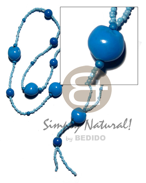 tassled kukui seeds in baby blue  matching glass and wood beads combination / 44 in. - Tassled Necklace