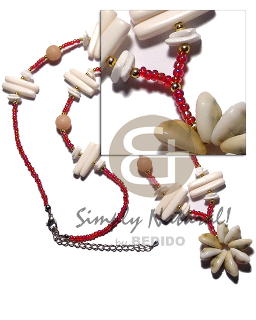 carabao bone sticks  buri beads in red glass beads  tassled sigay flower - Tassled Necklace
