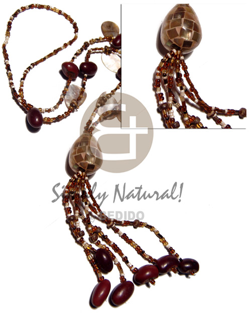 dangling oval brownlips & beans accent  in glass beads  30mmx22mm brownlip teardrop cracking accent  tassled beans ( 26 in. plus 3 in. tassle ) - Tassled Necklace