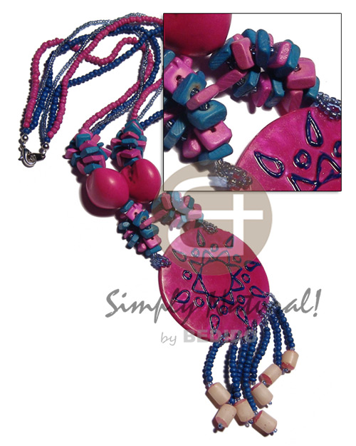 3 layers 2-3mm coco Pokalet  and glass beads  kukui nuts, coco squarecut and tassled buri seeds and 60mm hapdpainted and laminated 60mm capiz shell / navy blue and fuschia pink tones  / 22in. - Tassled Necklace