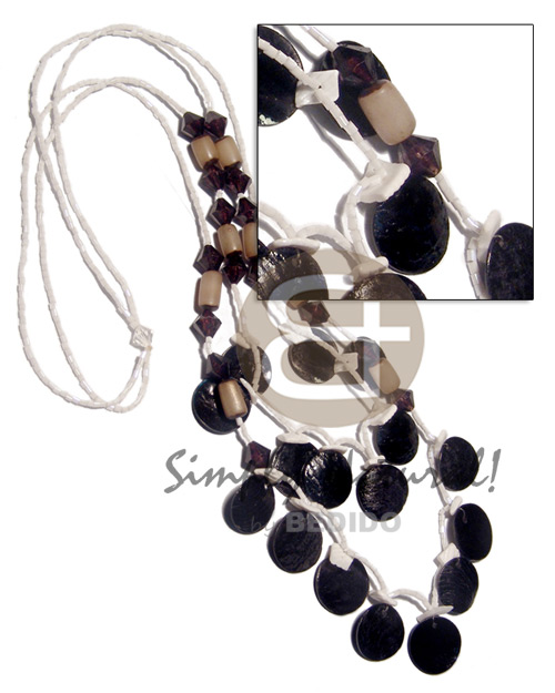 2 graduated layers( 32in/27in ) white cut beads   acrylic crystals, buri seeds, white rose and dangling 20mm round 15 pcs. blacktab shells /black and white tones /  32. in - Tassled Necklace