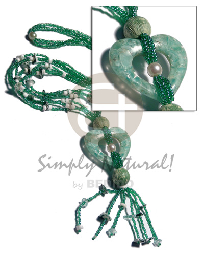 3 rows green glass beads  white rose splashing/texture  marbled  15mm round wood beads accent and tassled resin jade 45mm heart pendant / 26in plus 2.5in tassles - Tassled Necklace