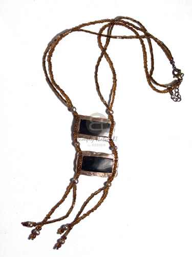 2 pcs. tassled 40mmx20mm rectangular brownlip  skin on 2 rows amber glass beads / 26 in. including tassles - Tassled Necklace
