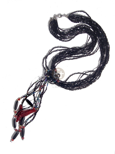 12 rows tassled black cut glass beads   red leaf horn and black horn tube accent / 18in - Tassled Necklace