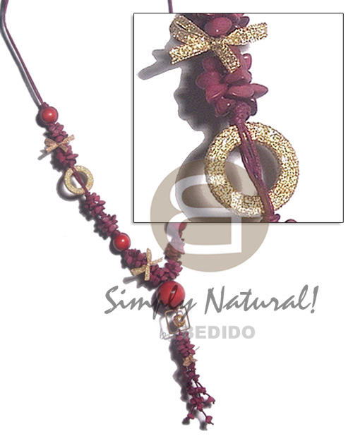 4 rows tassled and  knotted wax cord  buri seed nuggets in plum tones  dark red round wood beads, glitter wrapped wood rings and ribbons / 30in /ext. chain - Tassled Necklace