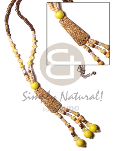 3 tassle 2-3 coco and mahogany  yellow wood beads and acrylic crystals - Tassled Necklace