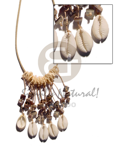 spaghetti choker /dangling sigay  & hammershell  nuggets on beige leather thong  beads - Tassled Necklace