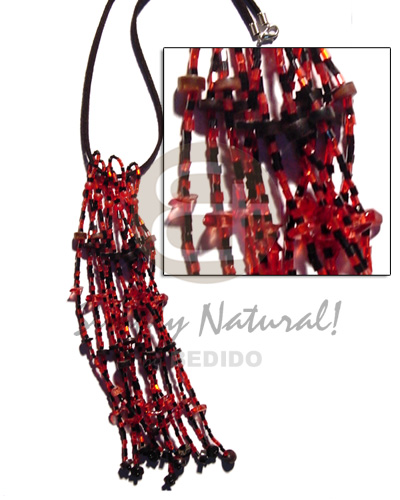 coco & blacklip heishe tassles  red cut glass beads in leather thong - Tassled Necklace