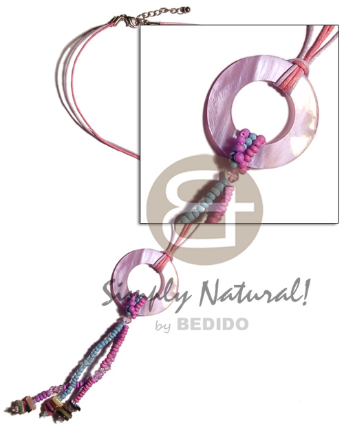 lavender 40mm hammershell ring  tassles & rainbow hammershell in wax cord - Tassled Necklace