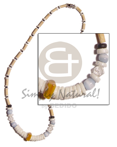 wood tube  white clam, cats eye,glassbeads & acrylic crystals accent - Teens Necklace