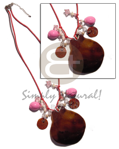 50mm black tab  2 pc. round 15mm blacktab,acrylic crystals, & pink sigay in wax cord - Teens Necklace