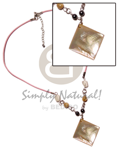 40mm diamond hammershell pendant  troca beads in wax cord - Teens Necklace