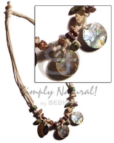 buri seeds quadruple wax cord  three 15mm round paua abalone pendant - Teens Necklace