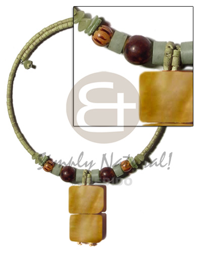 olive green 2-3mm coco heishe wire choker  buri & wood beads accent  dangling two 30mmx15mm rectangular MOP  resin backing pendant - Teens Necklace