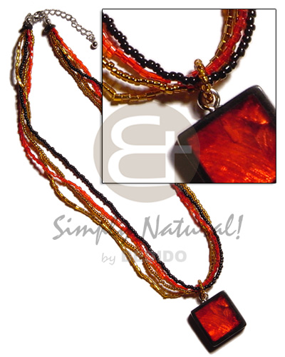 black,red,gold 4 layer glass beads  rectangular inlaid capiz pendant in laminated in resin - Teens Necklace