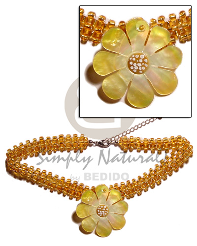 yellow gold glass beads flat choker  matching 40mm  flower MOP  skin nectar pendant - Teens Necklace