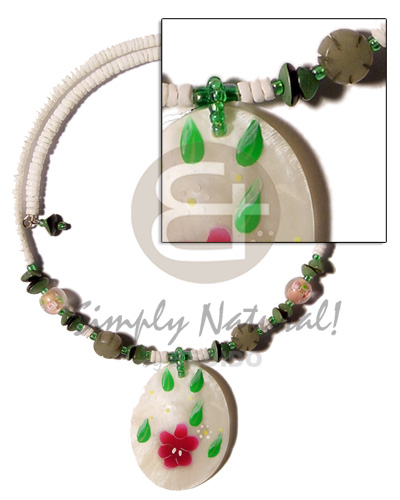 3-4mm white clam wire choker buri beads accent & 45mm handpainted oval hammershell pendant - Teens Necklace