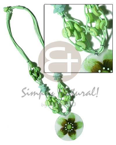 4 layer knotted bright green cord  coco pokalet & buri accent and 40mm  handpainted capiz pendant - Teens Necklace